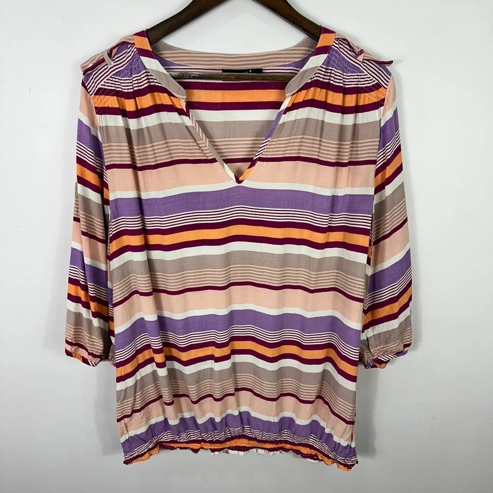 a.n.a Striped Blouse 1X  Boho V Neck 3/4 Sleeve Smocked Hem Retro Artsy Festival